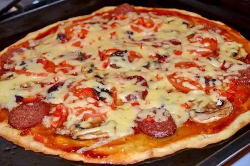 Пицца, с мясом и овощами, на стандартном корже, замороженная, приготовленная