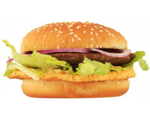 Фаст-фуд, чизбургер, со стандартной котлетой и овощами, приправленный
