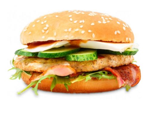 Фаст-фуд, гамбургер, с одной стандартной котлетой и овощами, приправленный
