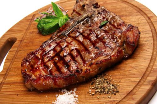 Говядина сортовая, стейк-портерхаус, мясо с жиром убранным до уровня 0", жареная